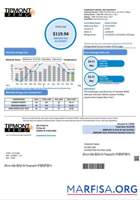 Realistic USA Indiana Tipmont utility bill template in Word and PDF format
